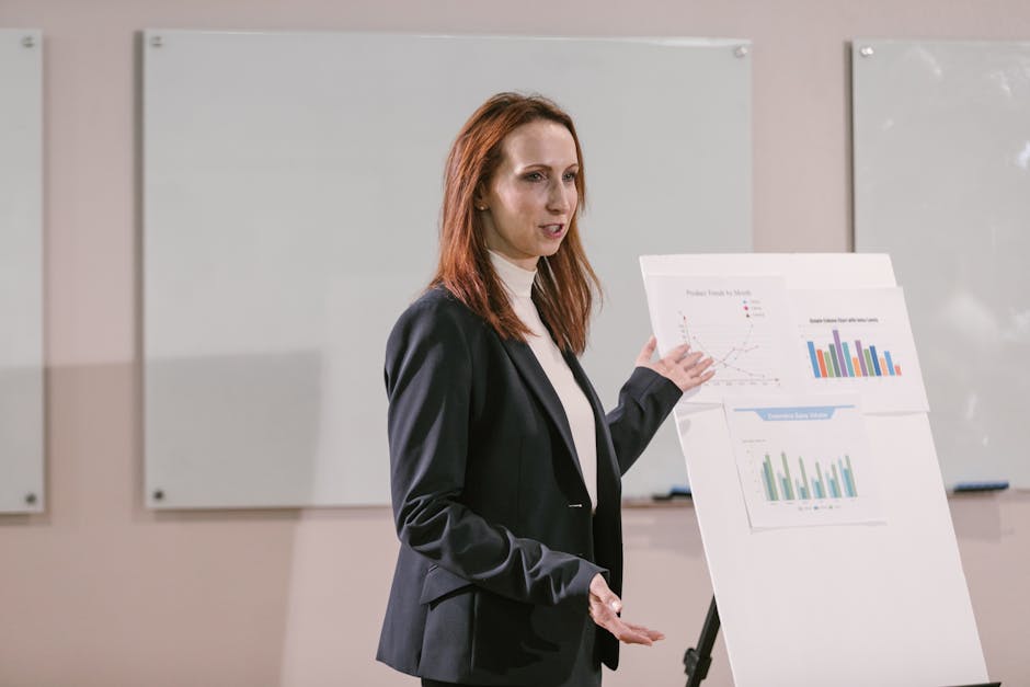 Confident businesswoman delivers presentation with charts at a professional conference